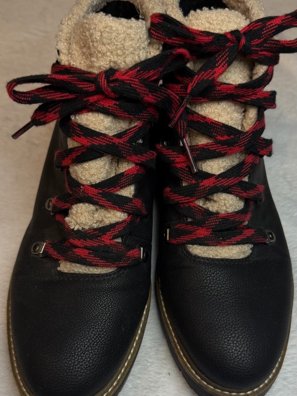 Dr. Scholl's Black Faux-Leather Lace-Up Boots with Red-Black Laces